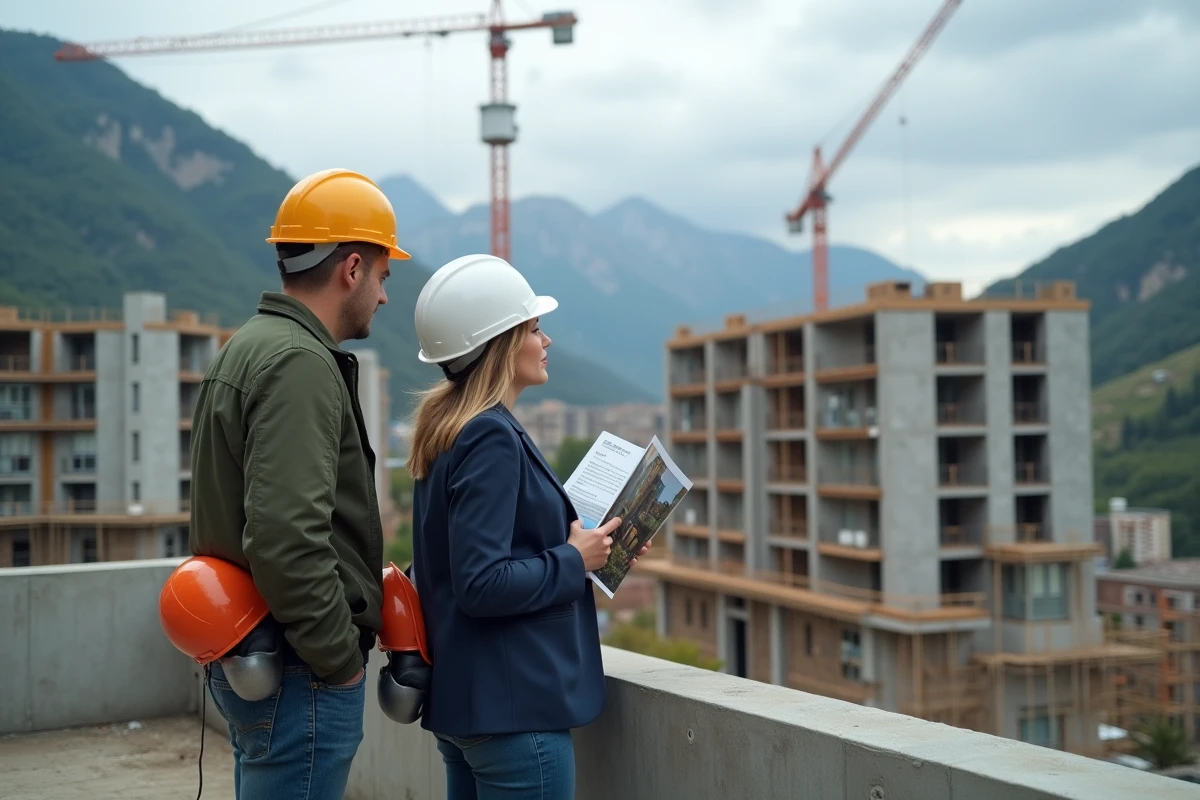Couple d'acheteurs visitant un chantier de construction d'appartements neufs en Andorre avec vue sur les Pyrénées