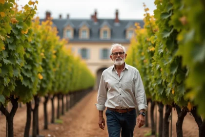 Acquéreur potentiel se promenant dans un vignoble bordelais à vendre en automne avec un château en arrière-plan