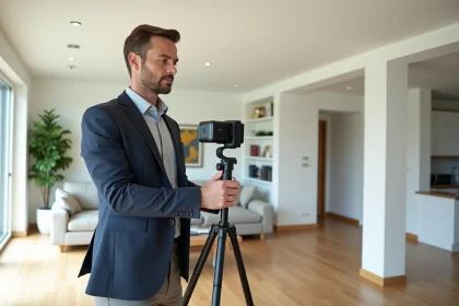 Agent immobilier utilisant une caméra 360 degrés pour capturer une visite virtuelle dans un salon moderne et lumineux