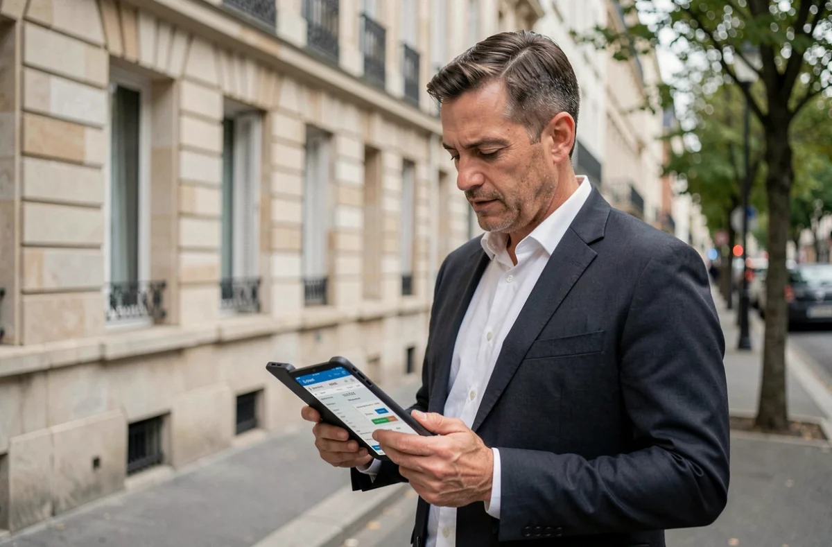 Agent immobilier consultant une comparaison de devis assurance PNO devant un immeuble résidentiel