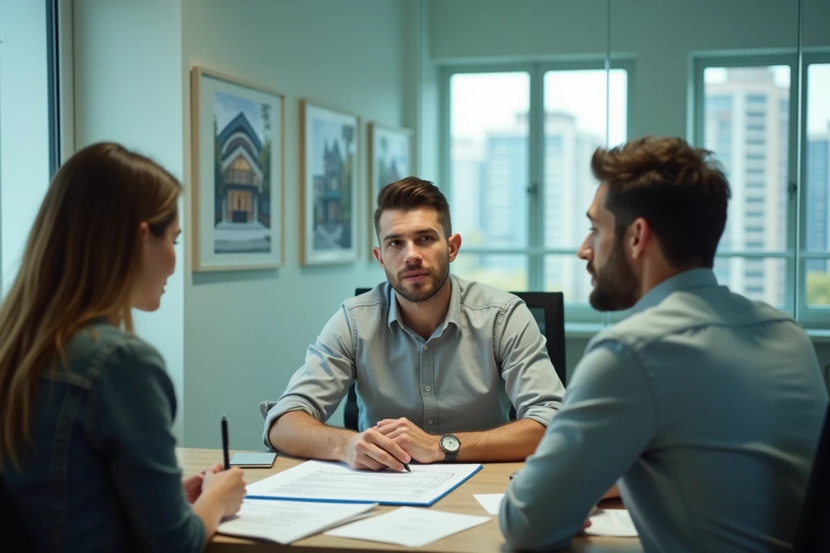Agent immobilier expliquant la demande 3233-SD à des clients dans une agence
