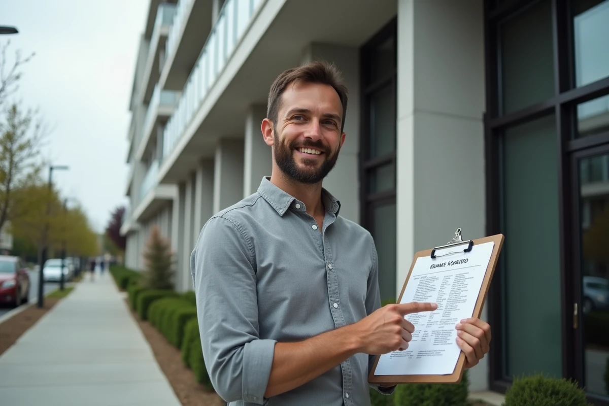 Agent immobilier devant un immeuble résidentiel moderne tenant des documents de location