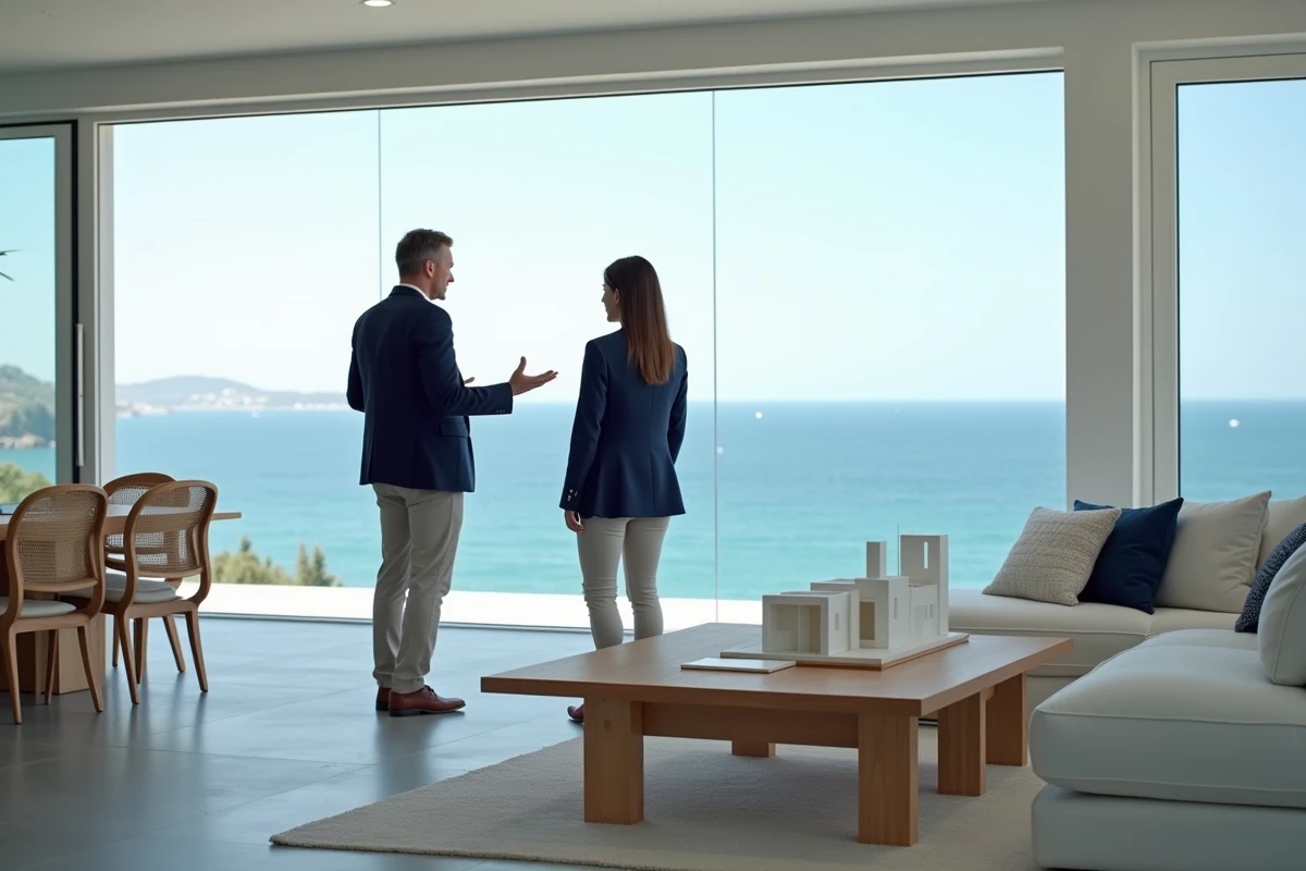 Agent immobilier présentant une maison vue mer à des acheteurs dans un salon moderne avec baies vitrées donnant sur l'océan