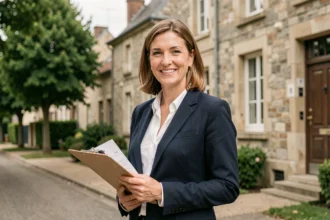 Agent immobilière professionnelle devant une maison en pierre typique de l'Oise, tenant des documents immobiliers avec un sourire confiant