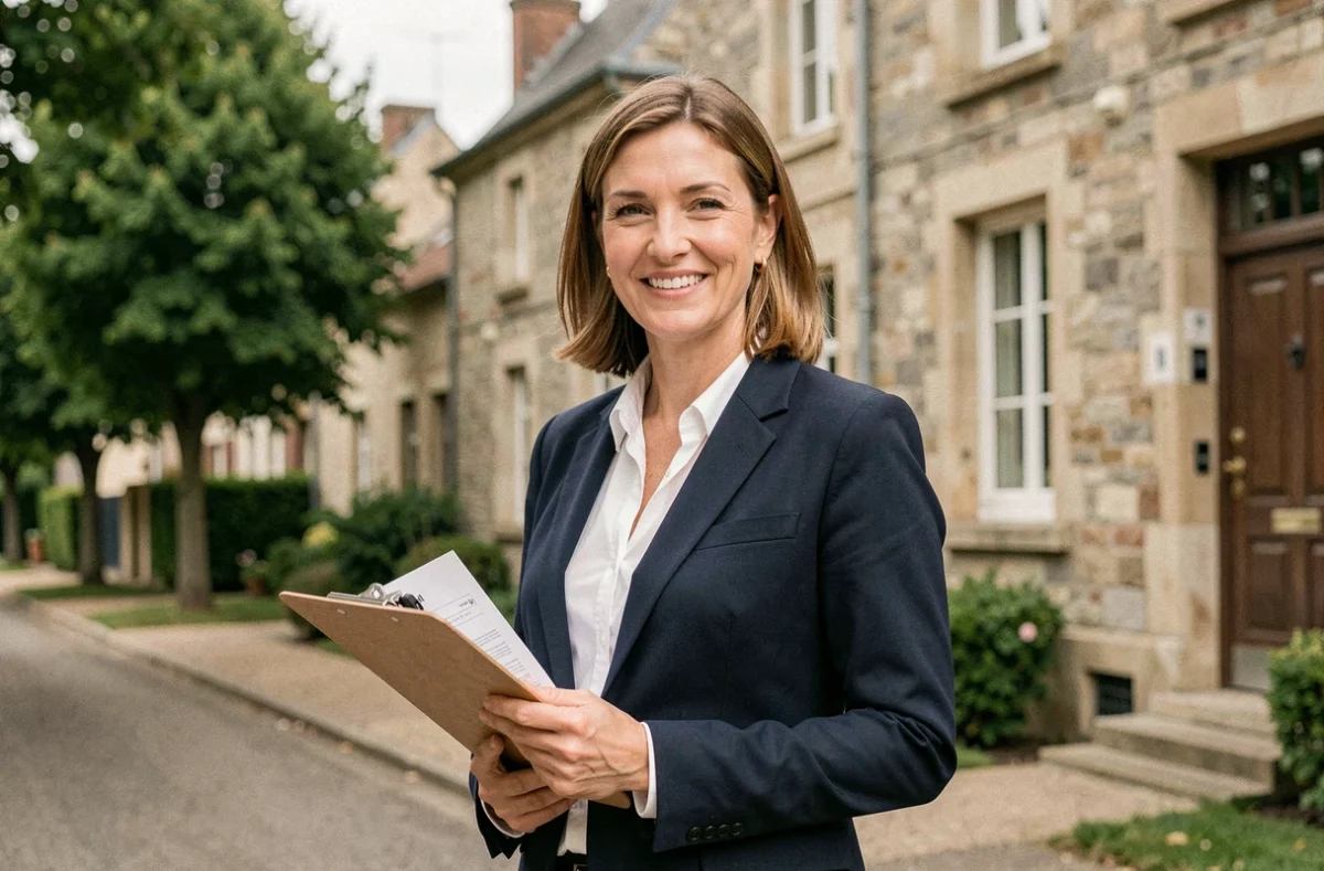 Agent immobilière professionnelle devant une maison en pierre typique de l'Oise, tenant des documents immobiliers avec un sourire confiant