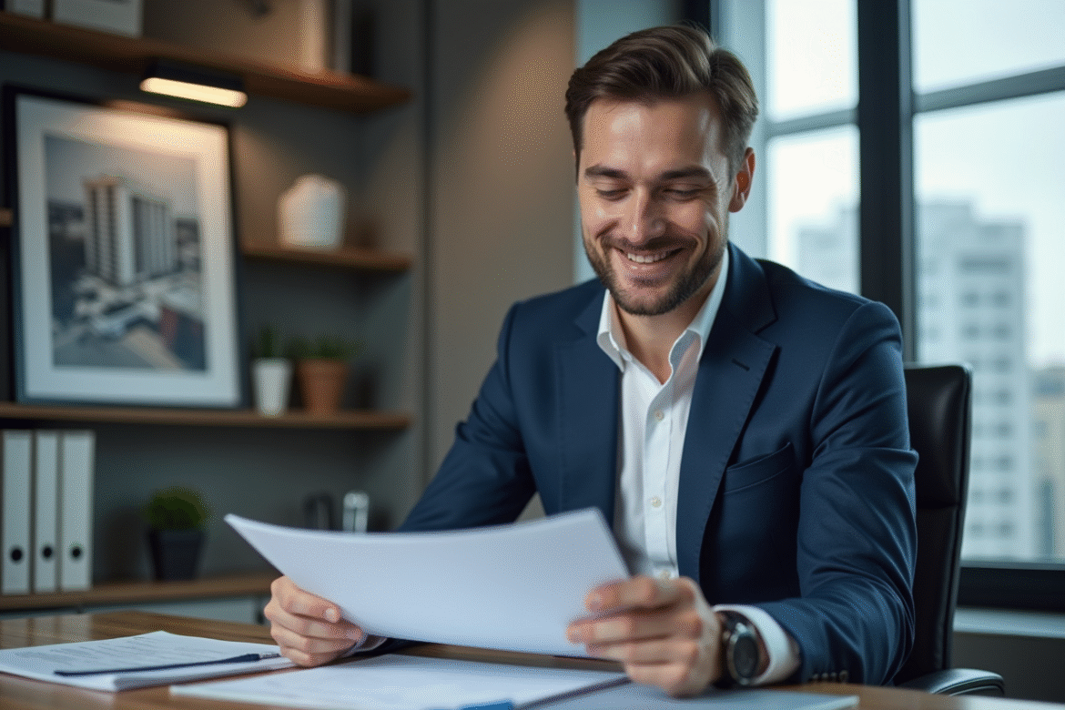 Agent immobilier souriant dans son bureau professionnel