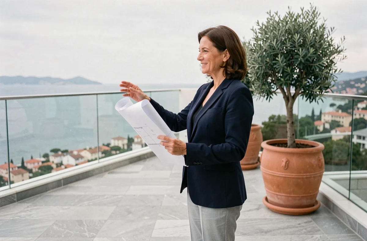 Agent immobilière sur terrasse d'appartement vue sur mer présentant les atouts de revente du bien