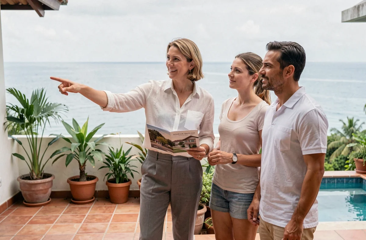 Agent immobilier présentant une villa à vendre à Koh Samui à des acheteurs potentiels sur une terrasse avec vue mer