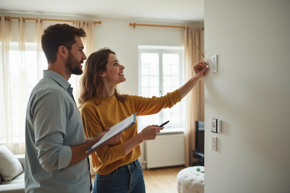 Agent immobilier et couple inspectant un salon lumineux