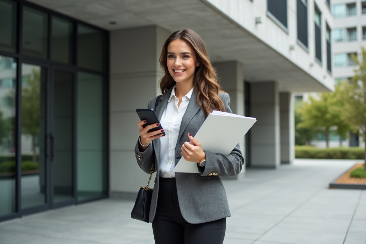 Femme agent immobilier devant un immeuble moderne