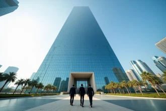 Vue en contre-plongée de l'Almas Tower à Jumeirah Lakes Towers avec des professionnels en costume se dirigeant vers l'entrée