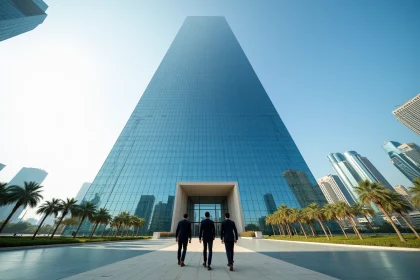 Vue en contre-plongée de l'Almas Tower à Jumeirah Lakes Towers avec des professionnels en costume se dirigeant vers l'entrée