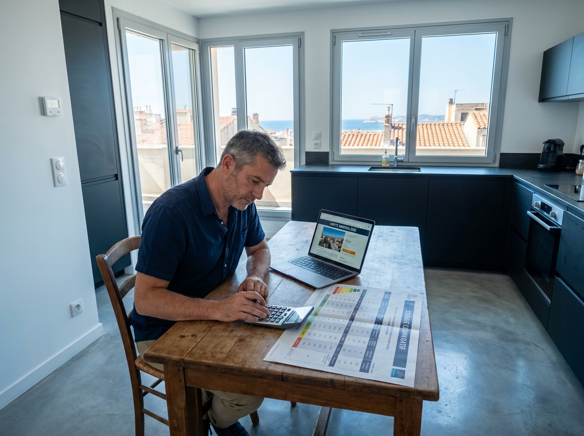 Homme analysant un comparatif de DPE entre deux appartements marseillais sur une table de cuisine rénovée avec vue sur les toits