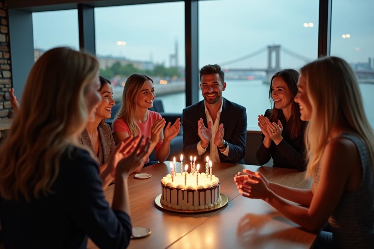 Groupe mixte célébrant un anniversaire dans un salon de péniche