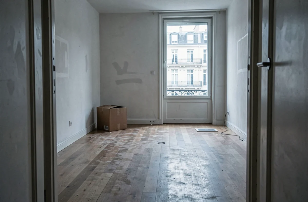 Appartement vacant avec sols en parquet poussiéreux et murs nus illustrant un logement soumis à la taxe sur les vacants