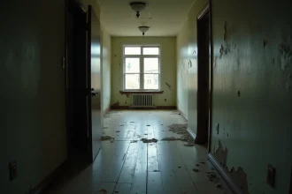 Appartement vacant et abandonné avec parquet poussiéreux et papier peint décollé, illustrant la taxe sur les logements vacants