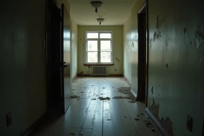 Appartement vacant et abandonné avec parquet poussiéreux et papier peint décollé, illustrant la taxe sur les logements vacants