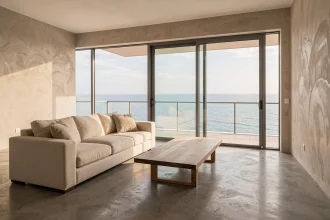 Salon moderne d'un appartement vue sur mer avec baie vitrée ouverte sur balcon et panorama océan