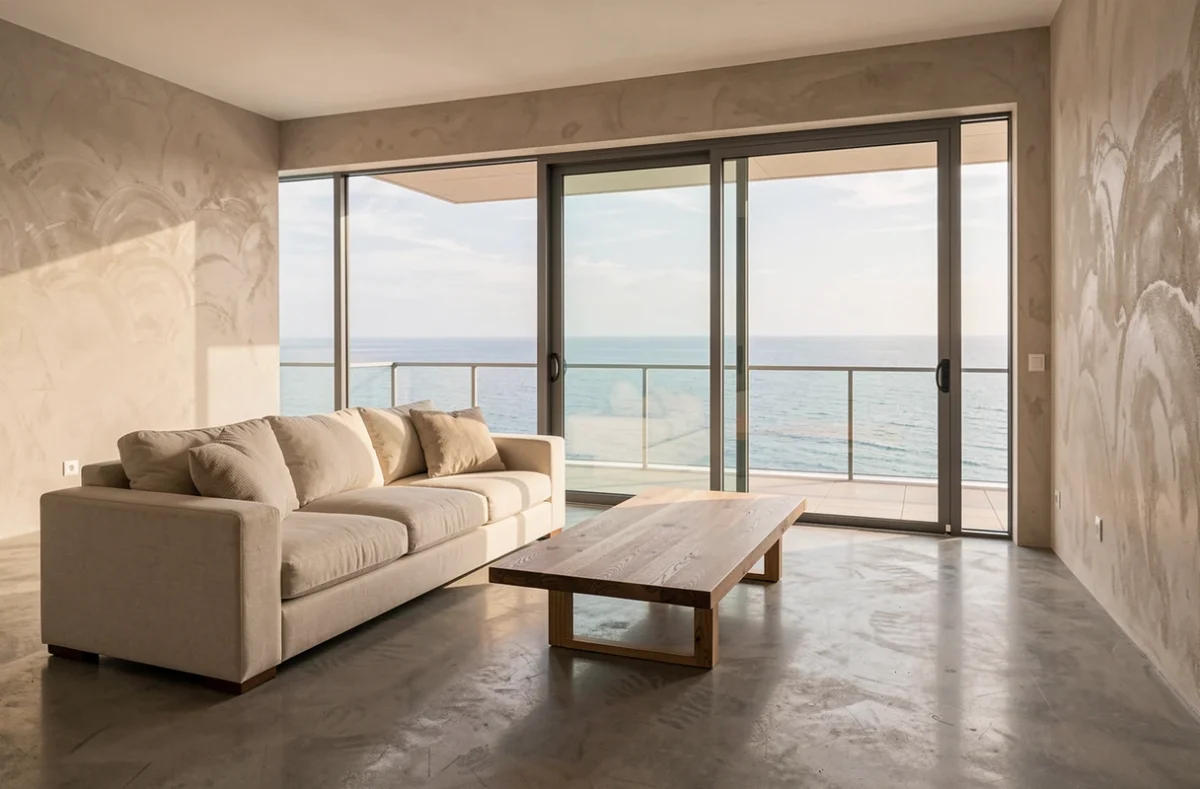 Salon moderne d'un appartement vue sur mer avec baie vitrée ouverte sur balcon et panorama océan