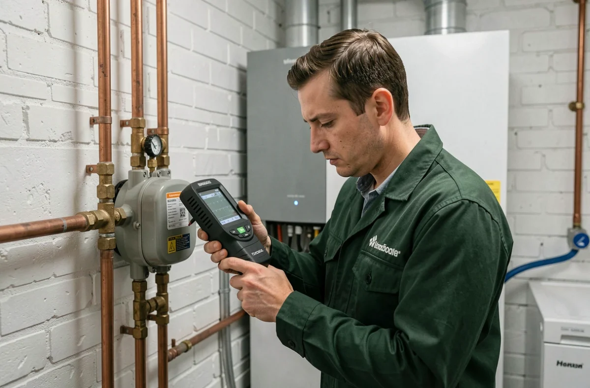 Diagnostiqueur ARC2 contrôlant une installation de gaz dans une chaufferie résidentielle avec un détecteur professionnel