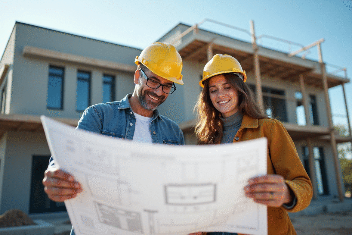 Architecte souriant avec couple sur chantier maison moderne
