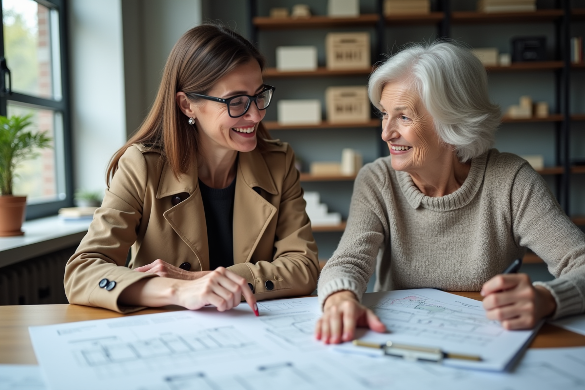 Architecte femme discutant plans avec cliente dans un bureau