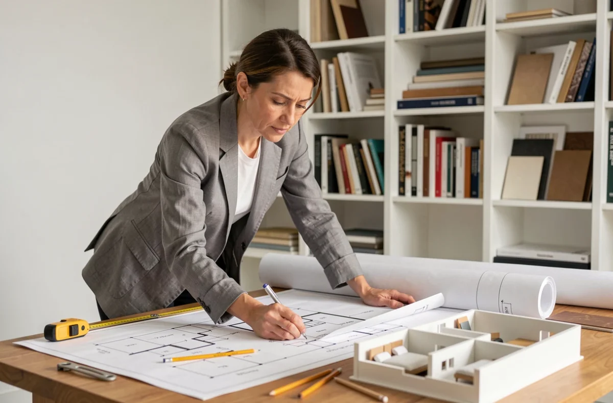Architecte d'intérieur analysant des plans de chambre pour optimiser un espace inférieur à 9m2 sur une table à dessin professionnelle