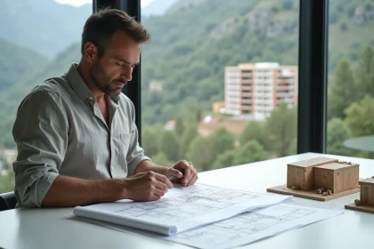Architecte analysant les plans d'un appartement neuf en construction à Andorre dans un bureau immobilier moderne avec vue sur la montagne