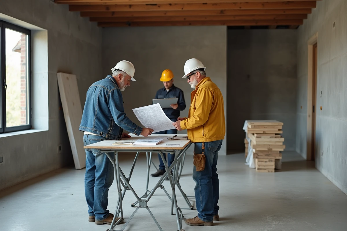 Artisans et maître d'ouvrage consultant un manuel de rénovation professionnel sur un chantier