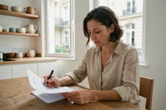 Femme consultant un contrat d'assurance habitation dans un appartement de Villeurbanne