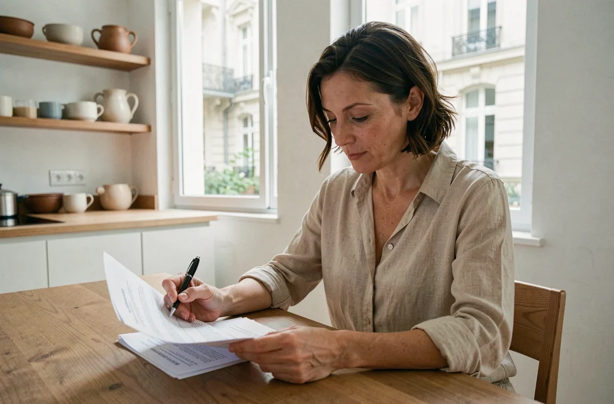 Femme consultant un contrat d'assurance habitation dans un appartement de Villeurbanne