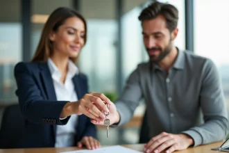 Remise de clé en main propre avec signature d'une attestation entre propriétaire et locataire dans une agence immobilière moderne