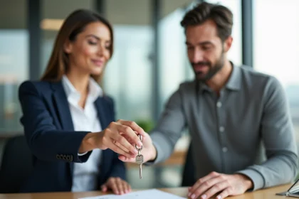 Remise de clé en main propre avec signature d'une attestation entre propriétaire et locataire dans une agence immobilière moderne