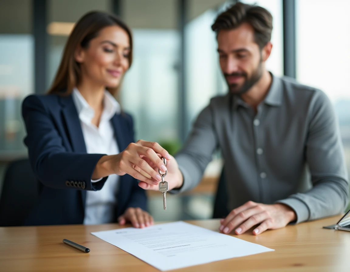 Remise de clé en main propre avec signature d'une attestation entre propriétaire et locataire dans une agence immobilière moderne
