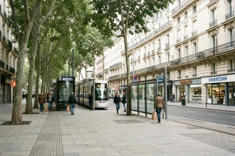 Boulevard urbain animé à Alfortville avec arrêt de tramway, commerces de proximité et résidents en promenade