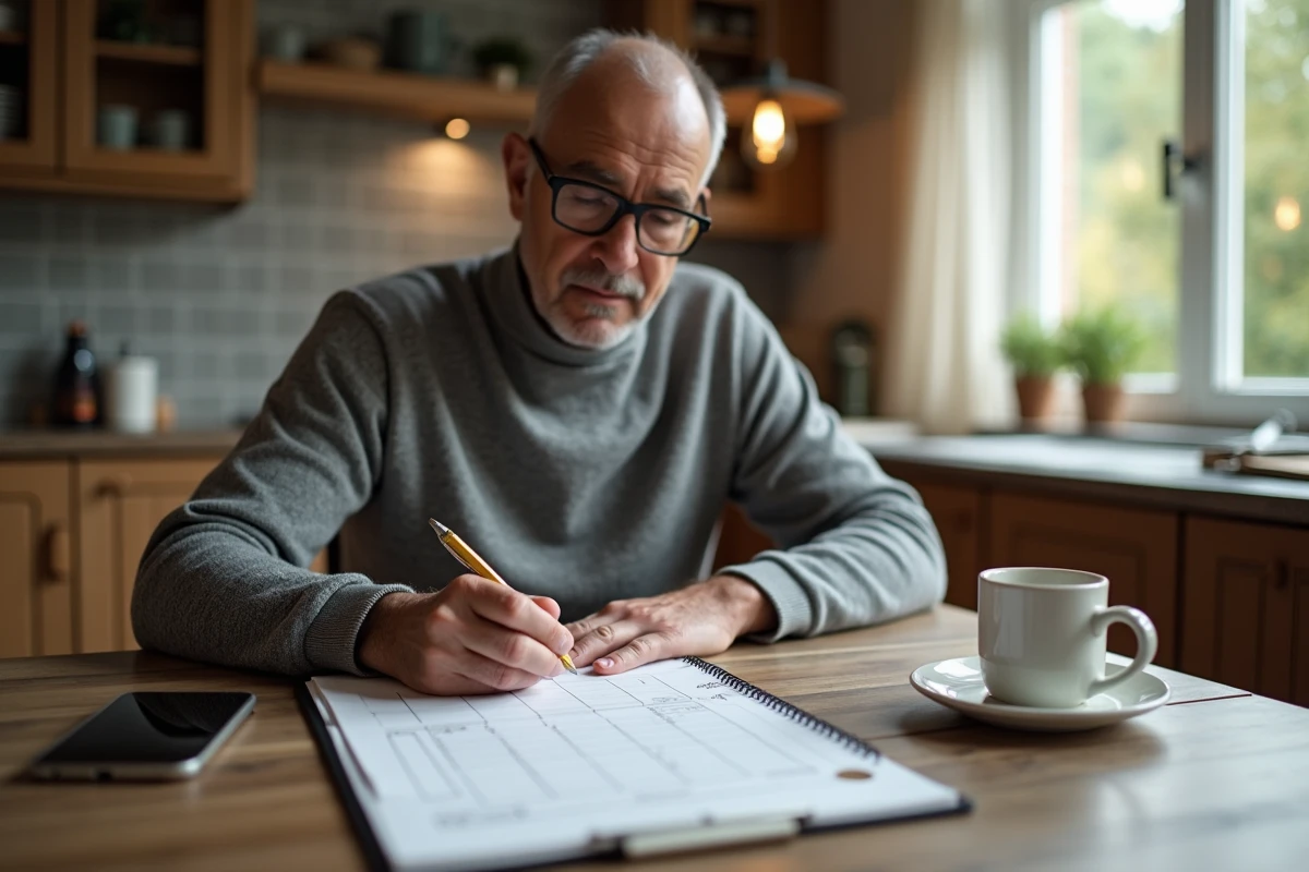 Homme calculant manuellement les frais de notaire immobilier sur papier à la maison avec un smartphone affichant un simulateur