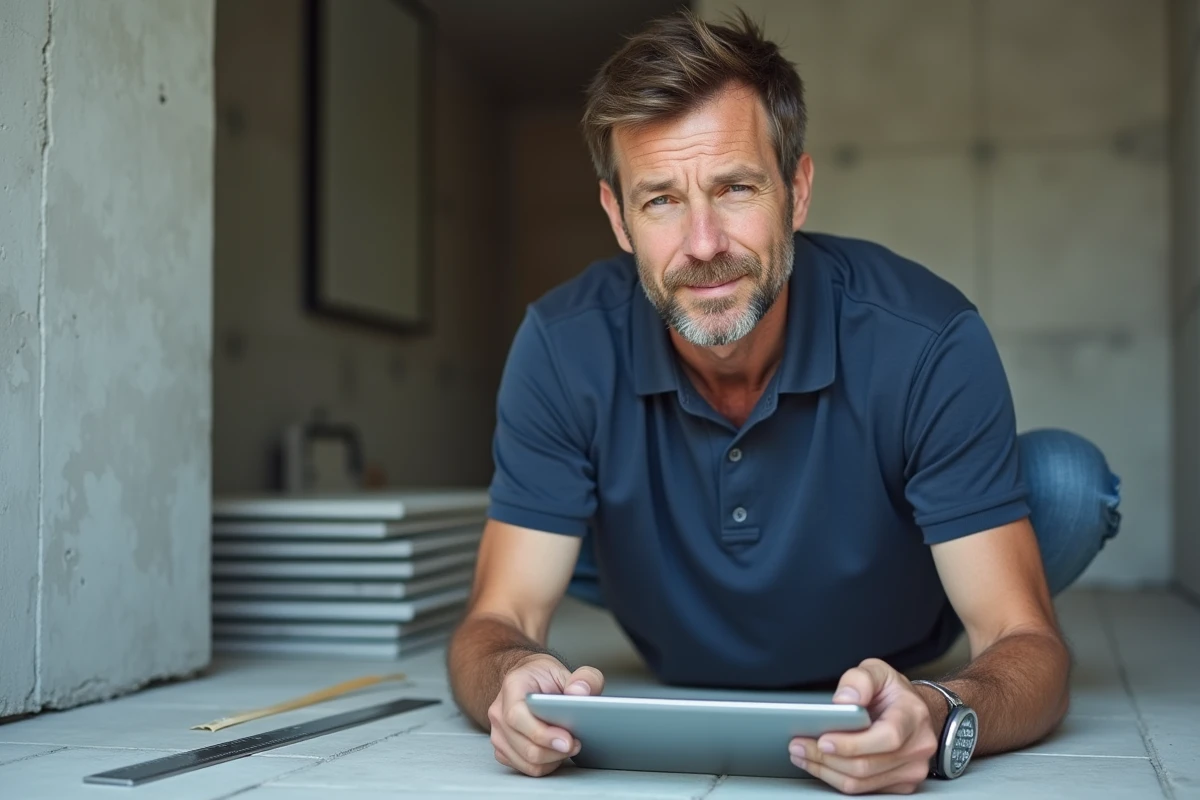 Artisan calculant la surface en m² d'une salle de bain en rénovation avec une tablette numérique