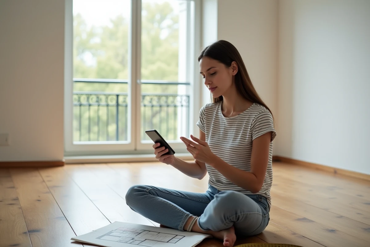 Jeune femme calculant les mètres carrés d'un appartement vide avec un smartphone et un plan papier