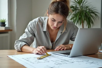 Femme utilisant une calculatrice de surface en m² en ligne sur un bureau avec des plans architecturaux et un mètre ruban