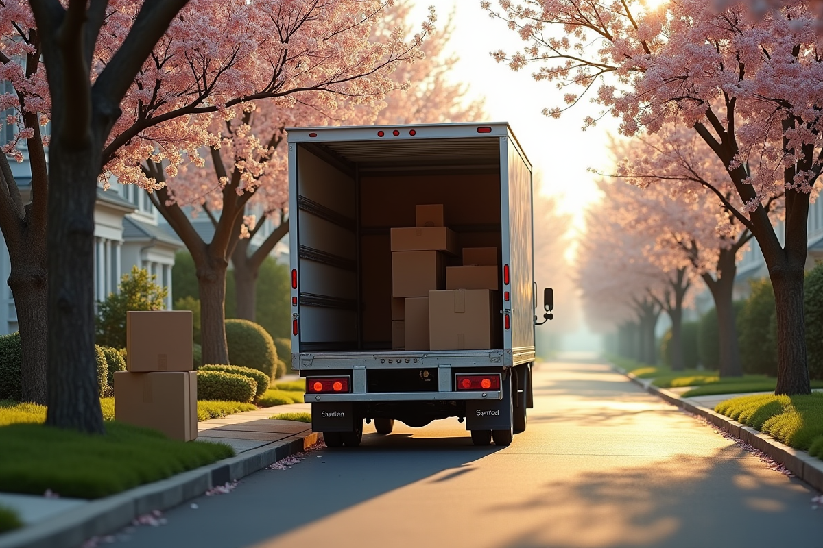 Camion de déménagement vide garé dans une rue calme au matin