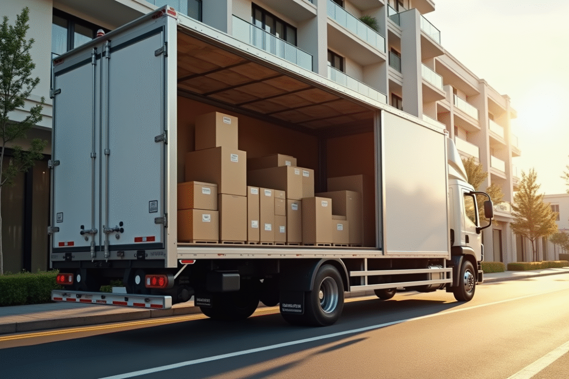 Camion de déménagement devant immeuble moderne avec cartons