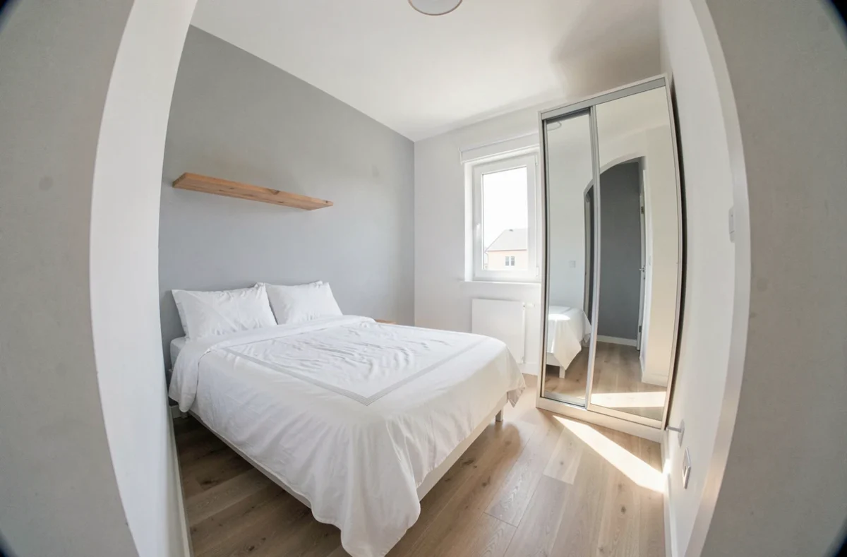Petite chambre de moins de 9m2 bien aménagée avec lit simple, étagère flottante et armoire à portes miroir dans un studio compact