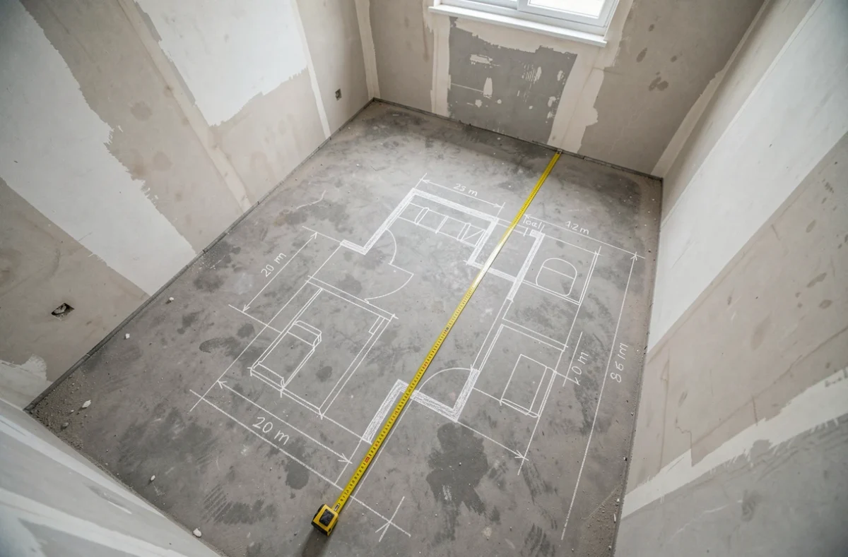 Chambre en rénovation avec dimensions marquées au sol et mètre ruban mesurant la superficie inférieure à 9m2 avant aménagement