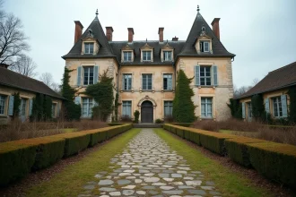 Château abandonné en France avec façade en pierre envahie de lierre et jardin laissé à l'abandon