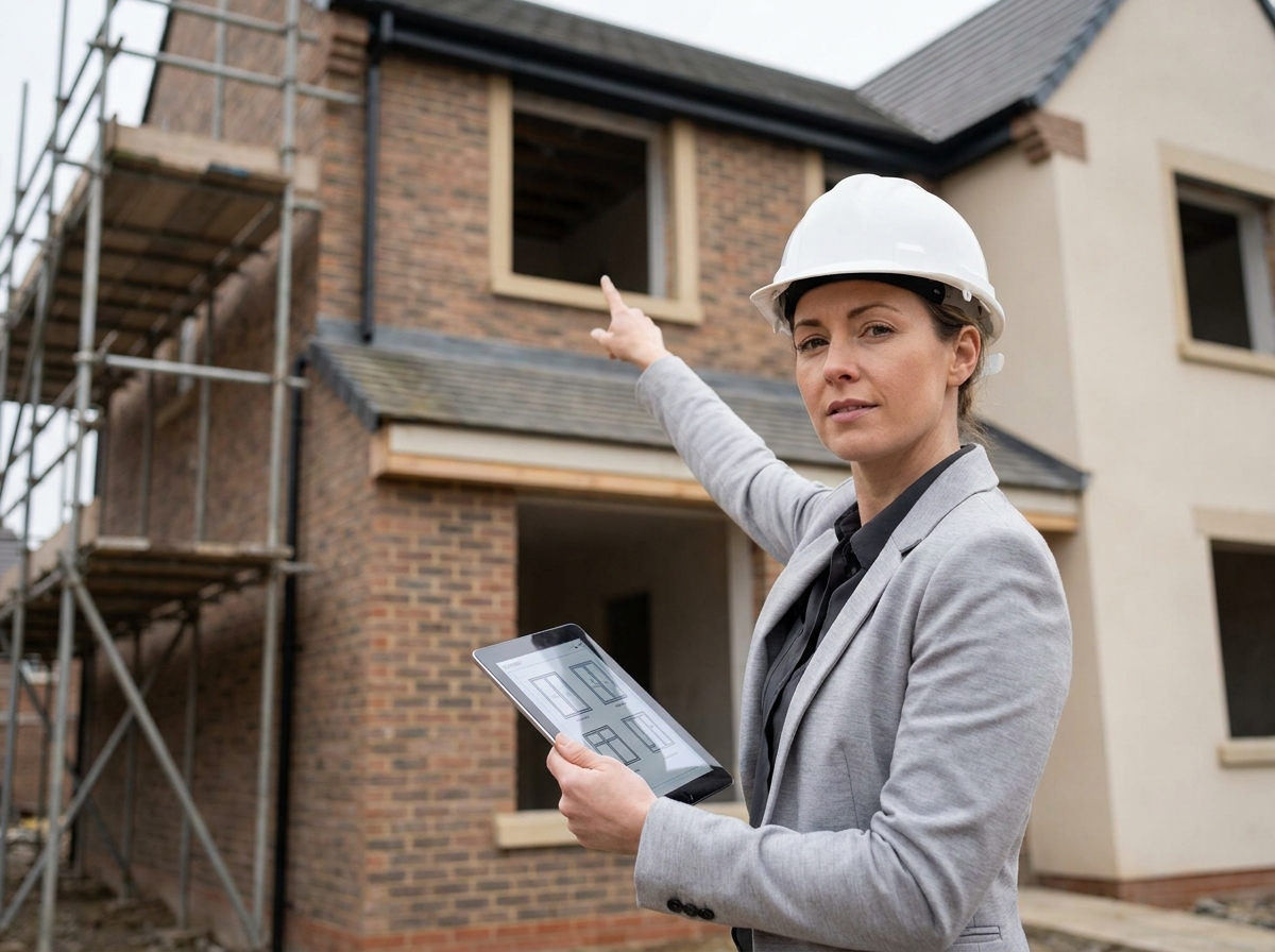Cheffe de projet devant une maison en cours d'installation de fenêtres avec une tablette affichant les plans