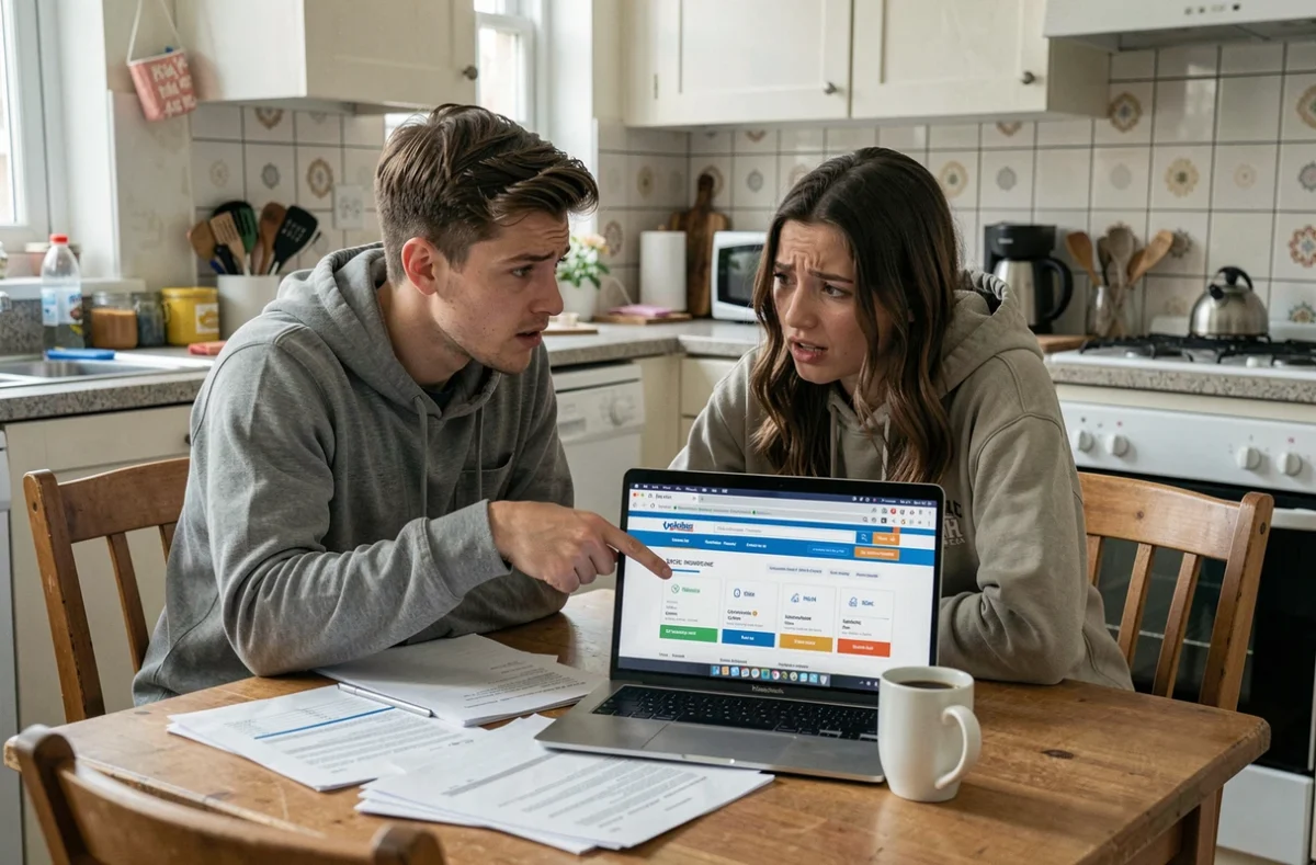 Deux colocataires étudiants comparant des offres d'assurance habitation sur un ordinateur portable