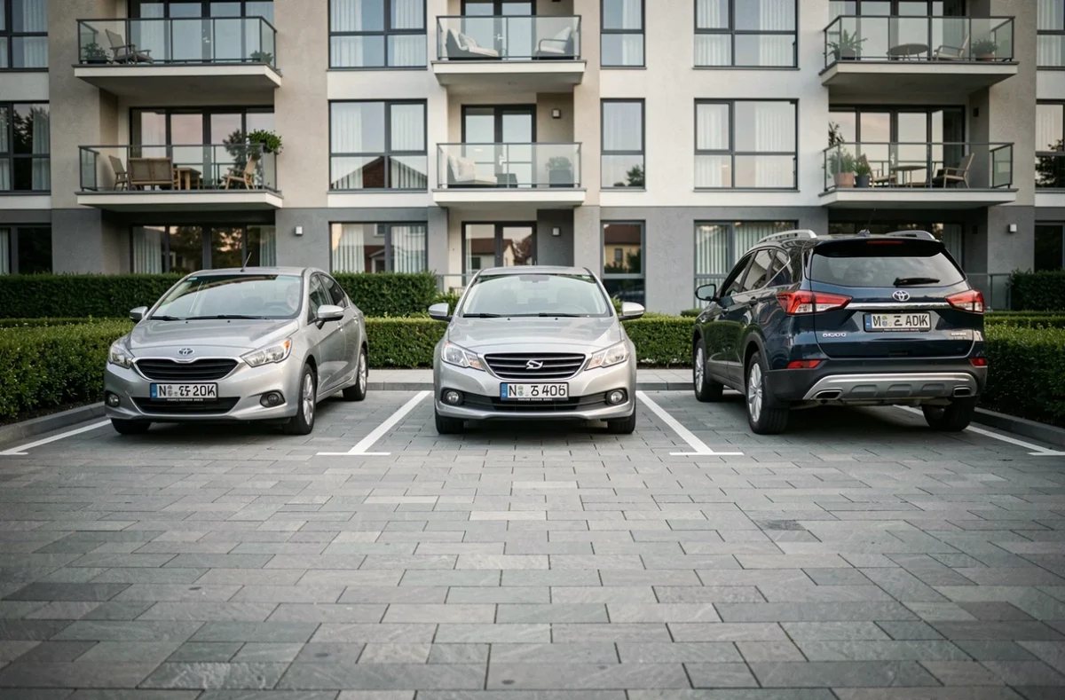 Comparaison de places de parking résidentielles avec différents types de véhicules illustrant les écarts de dimensions nécessaires