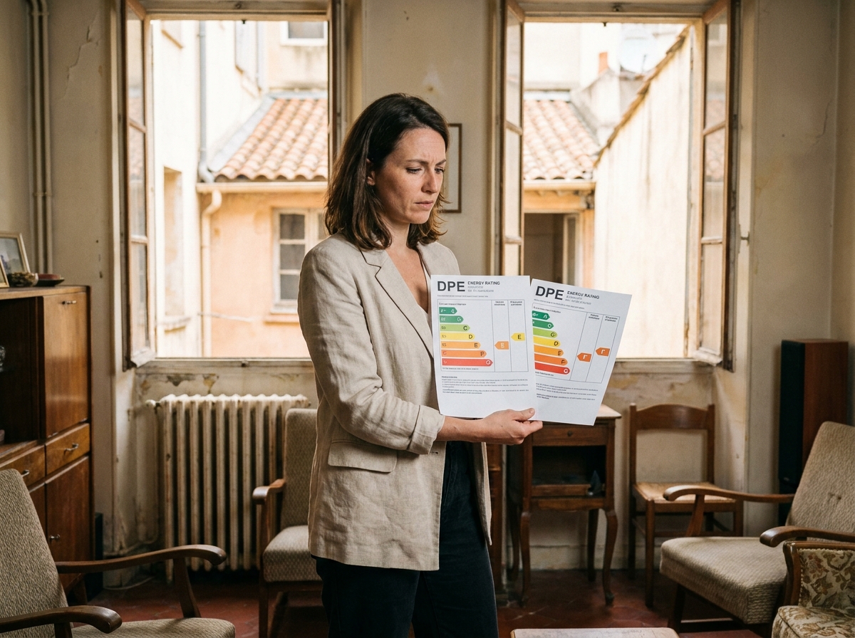 Femme comparant deux diagnostics de performance énergétique DPE dans un appartement ancien à Marseille avec fenêtres à simple vitrage
