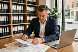 Conseiller immobilier analysant les documents fiscaux liés à la vente d'un bien locatif et au calcul de la plus-value