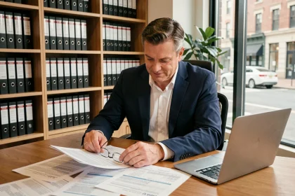 Conseiller immobilier analysant les documents fiscaux liés à la vente d'un bien locatif et au calcul de la plus-value